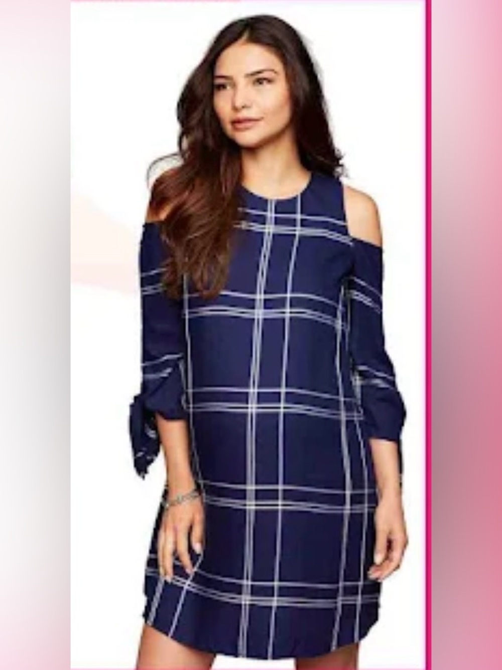 A Pea in the Pod Navy and White Plaid Cold-Shoulder Dress